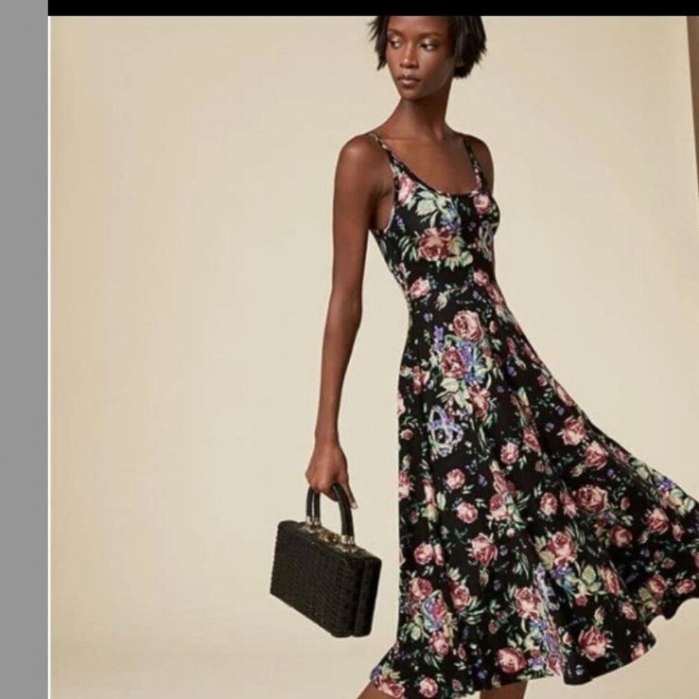 NWT Reformation XS Cha Cha Tank Retro Dress Midi Floral Black Jersey Fit Flare